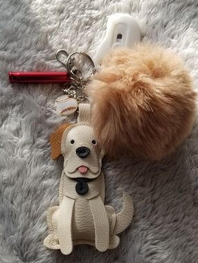Plush Tan Faux-Fur Pom with Beige Dog Charm Keychain
